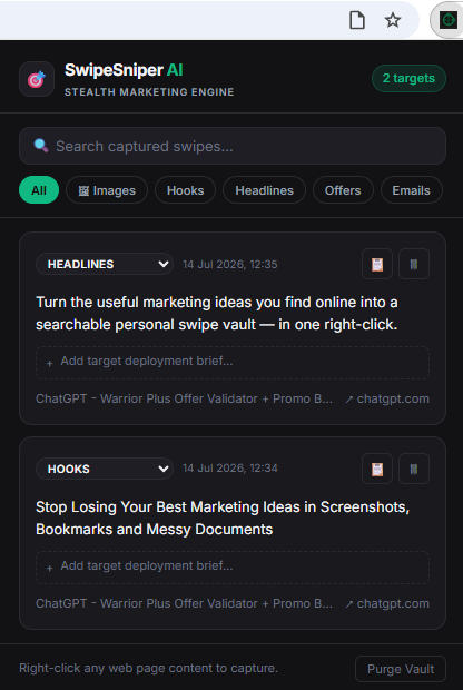 SwipeSniper AI browser extension showing saved marketing swipes